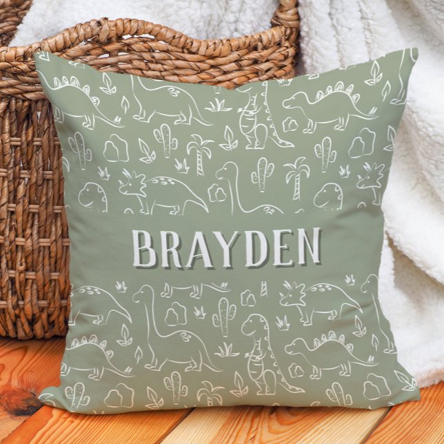 Coussin Dinosaur Boho Boy Name Dino Cute Earthy Sage Green (Créateur téléchargé)