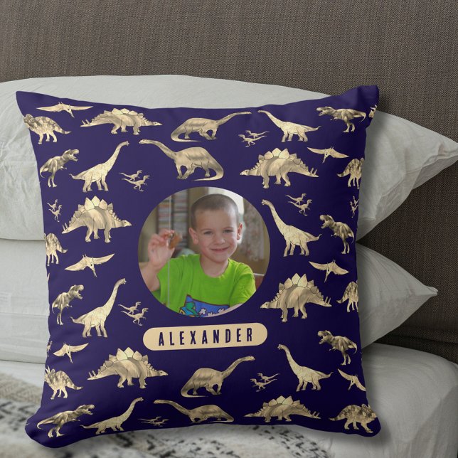 Coussin Dinosaur Personnalisé Garçons Photo et nom (Dinosaur pattern personalized name and photo navy blue pillow T-Rex velociraptor stegosaurus dinos)