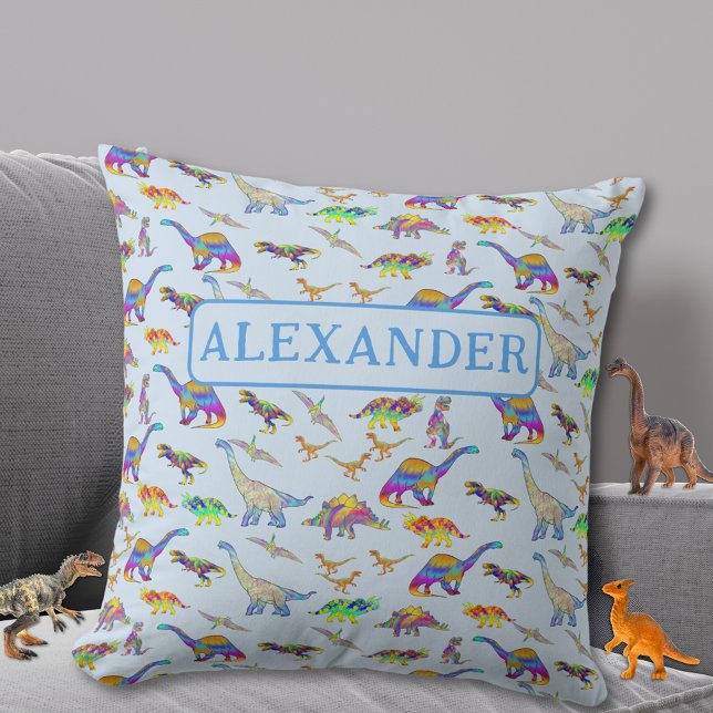 Coussin Dinosaure bleu personnalisé (Colorful dinosaur pattern custom name blue pillow for Jurassic dino lovers)