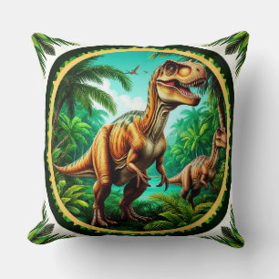 Coussin Dinosaure dans une jungle préhistorique luxuriante