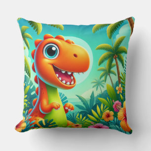 Coussin Dinosaure de dessin animé souriant dans une jungle