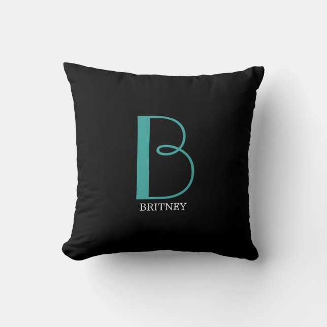 Coussin DIY Grand Monogramme & Nom, Texte Sarcelle/Blanc,  (Recto)