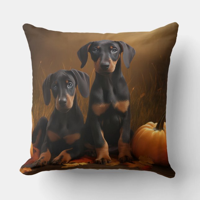 Coussin Doberman Chiot Automne Citrouille de plaisir (Recto)