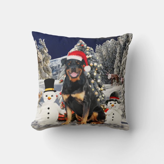 Coussin Doigt Rottweiler en neige avec le chapeau du Père  (Recto)