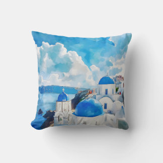 Coussin "Domes bleus de Santorin - Aquarelle Art"