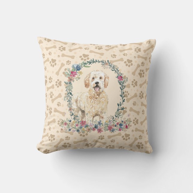 Coussin Doodle Doré Chien Empreinte de patte & Floral Cute (Recto)