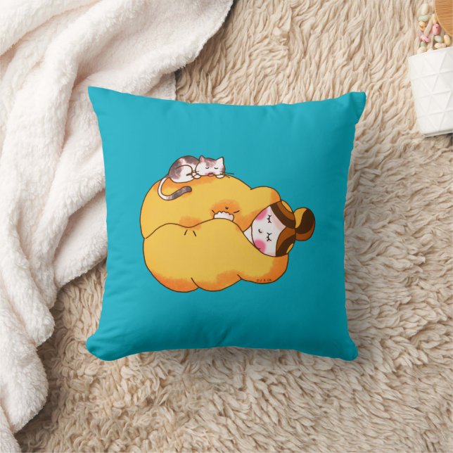 Coussin Dormir la fille avec chat confortable (Couverture)