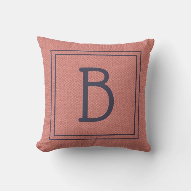 Coussin Double Cadre Monogramme Faux Texturé Corail & Bleu (Recto)