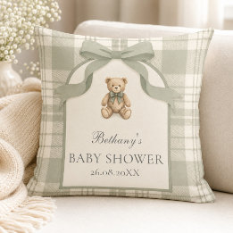 Coussin Douce Fête de Naissance Ourson Gingham Vert Sauge