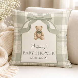 Coussin Douce Fête de Naissance Ourson Gingham Vert Sauge