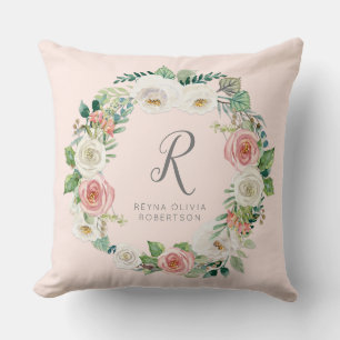 Coussin Douce petite fille   Monogramme Nom Blush Couronne