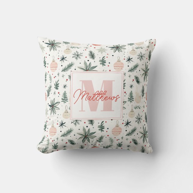 Coussin Doux Aquarelle Noël Verdure Monogramme (Recto)