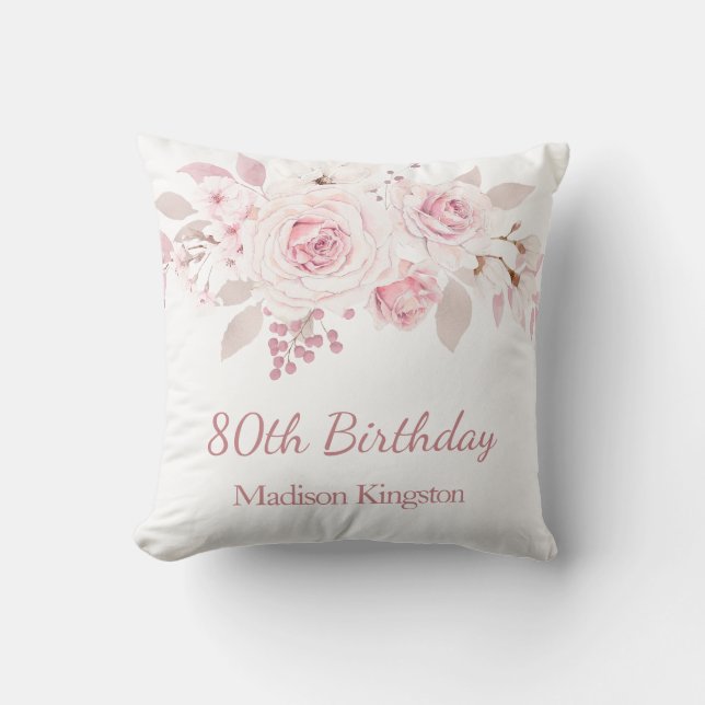 Coussin Doux Blush rose floral 80e anniversaire de fête ca (Recto)