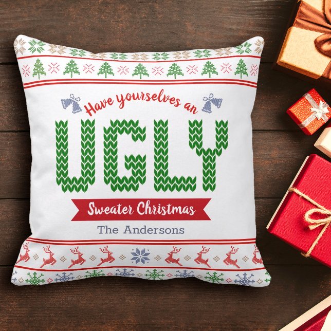 Coussin Doux de Noël moche Tacky Nordic Red Green Knit (Créateur téléchargé)
