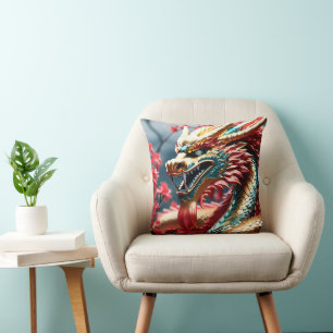 Coussin Dragon à respiration par feu balance or bleu et ro