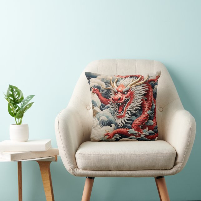 Coussin Dragon à souffle de feu rouge et blanc (Chaise)