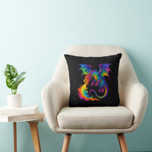 Coussin Dragon arc-en-ciel respirant des flammes colorées 