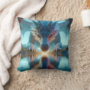 Coussin Dragon Bleu Mystique Reflection dans l'eau