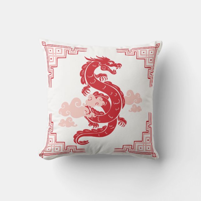 Coussin Dragon de la Chinoiserie rouge et nuages (Recto)