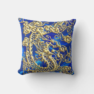 Coussin Dragon d'or incorporé sur BlueSatin