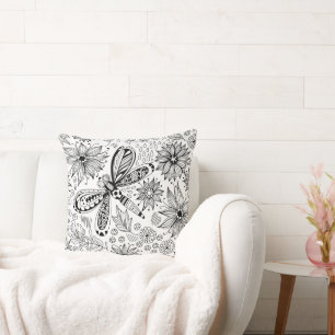 Coussin Dragonfly et doodle de fleurs