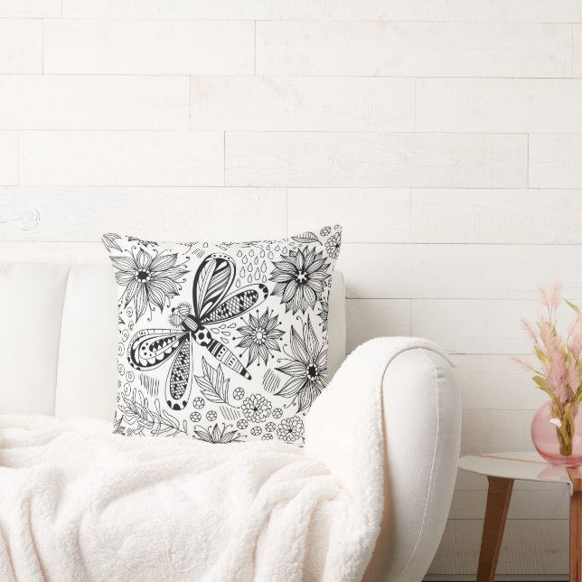 Coussin Dragonfly et doodle de fleurs (Canapé)
