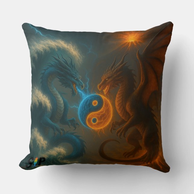 Coussin Dragons – Feu et Eau en Duel Éternel (Recto)