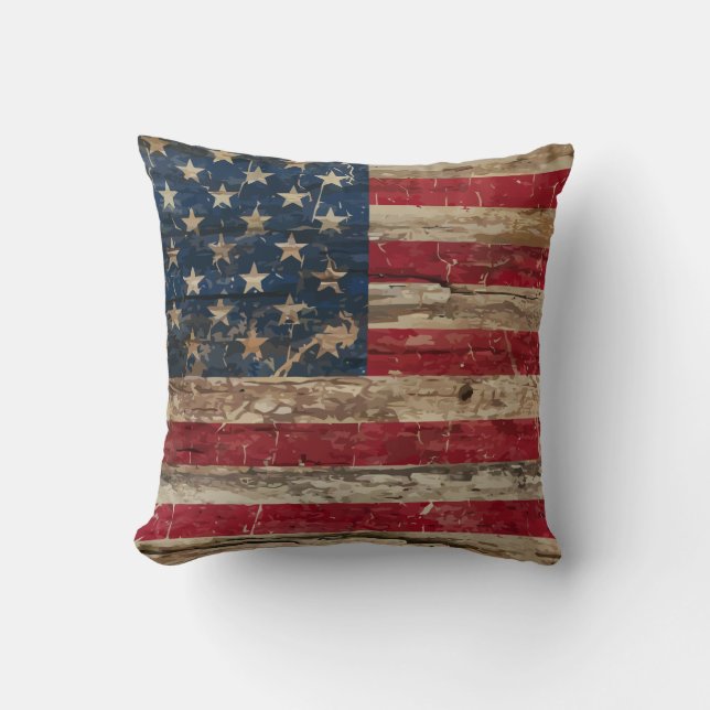 Coussin Drapeau américain vintage en bois (Recto)