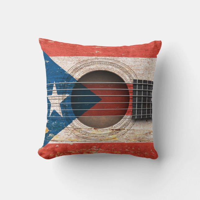 Coussin Drapeau de Porto Rico sur la vieille guitare (Recto)
