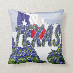 Coussin Drapeau et Bluebonnets du Texas de forme du Texas