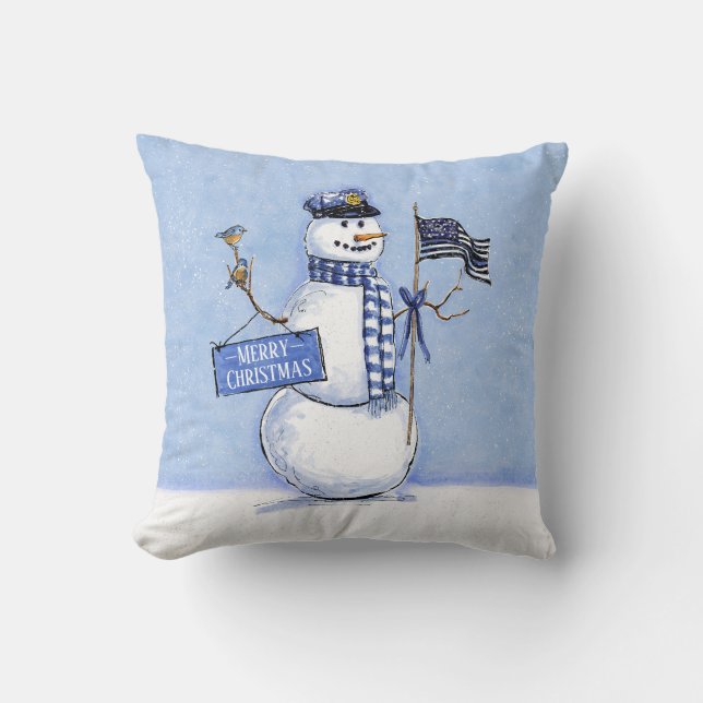 Coussin Drapeau mince de la police Joyeux bonhomme de neig (Recto)