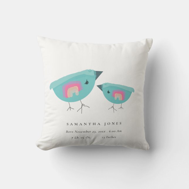 Coussin Drawn Rainbow Blue Birdy Baby Birth Stat (Recto)