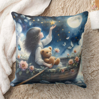Coussin Dreamy Girl Rowing Boat Moonlit Fantasy Scene
