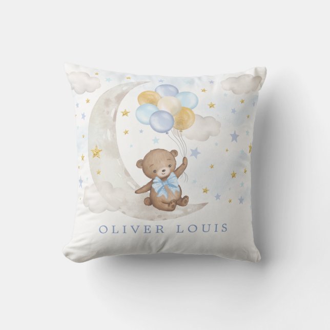 Coussin Dreamy Moon Teddy Bear Blue Gold Ballons Baby Boy (Recto)