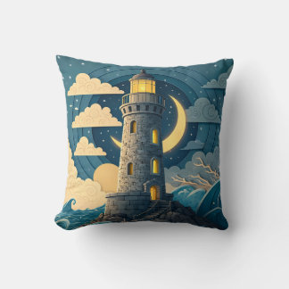 Coussin Dreamy Night Lighthouse Ocean Throw Pillow