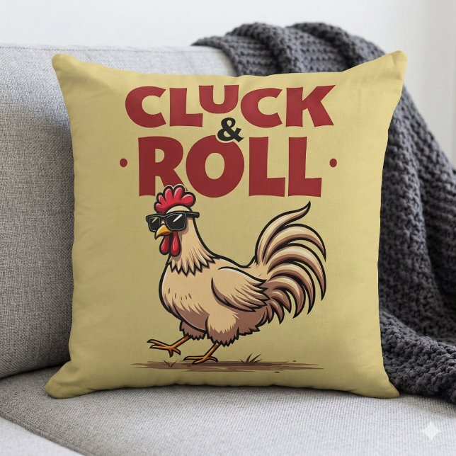 Coussin Drôle "Cluck & Roll" Cool Rooster Conception de de (Funny Cluck & Roll Cool Rooster Cartoon Design Throw Pillow  Mockup A)