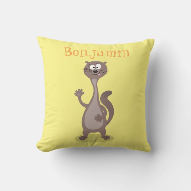 Coussin Drôle dessin animé de belette disant bonjour (Recto)