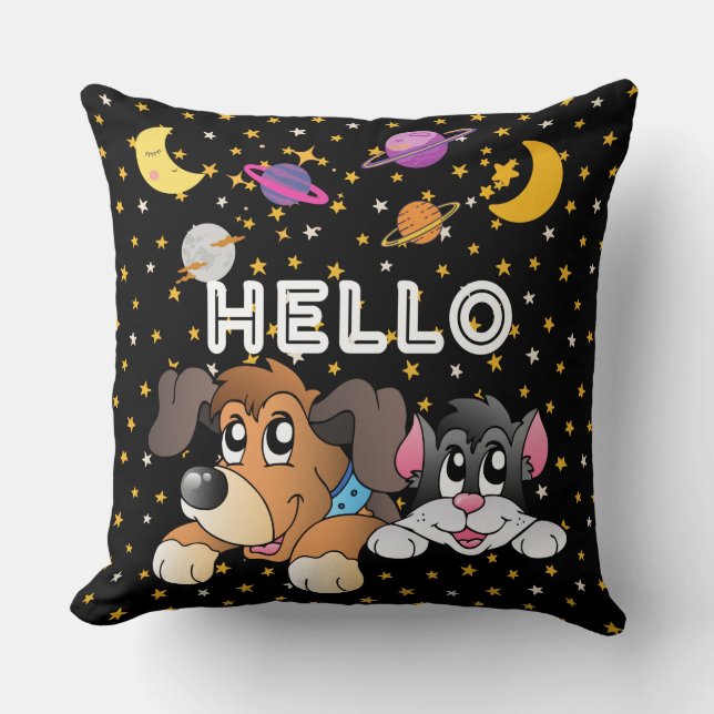 Coussin Drôle dessin humoristique univers noir planète enf (Recto)