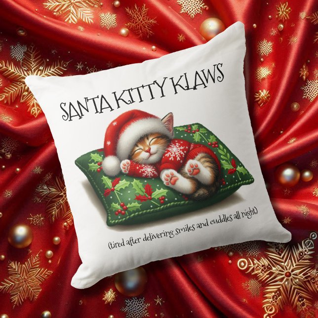 Coussin Drôle mignon Rêver Père Noël Kitty Klaws (Santa Kitty Klaws 20x20 Square Christmas Throw Pillow Cover Photo)