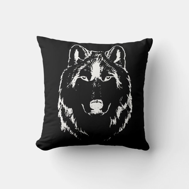 Coussin Drôle noir et blanc tête de loup croquis (Recto)