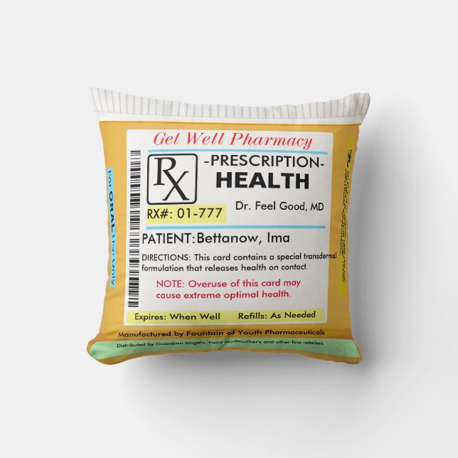 Coussin Drôle Prescription RX pour la santé (Recto)