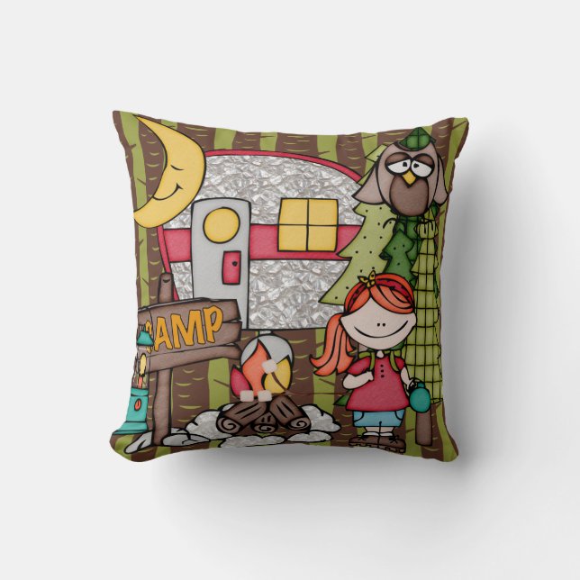 Coussin d'une chevelure rouge customisé de camping (Recto)