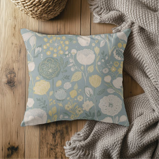 Coussin Dusty Blue Butter Yellow Beige Modern Floral Print
