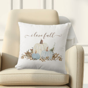 Coussin Dusty Blue I Love Fall White Citrouilles Country