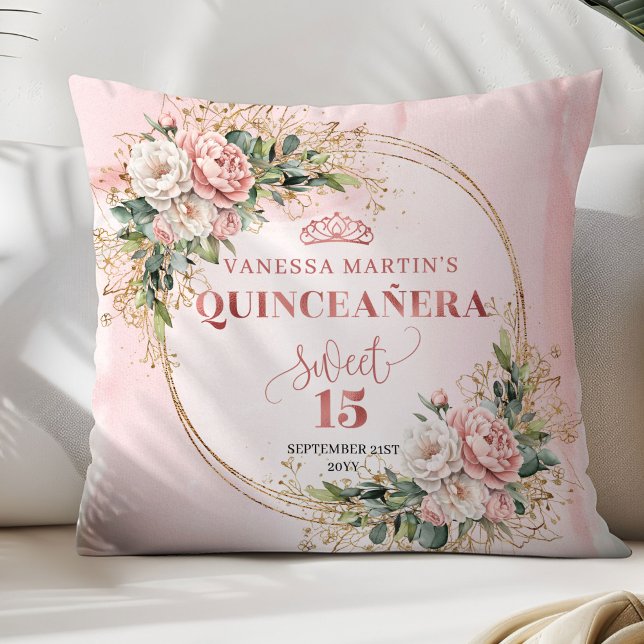 Coussin Dusty Pink Flowers Greenery Sweet 15 Pillow Gift (Dusty Pink Flowers Greenery Sweet 15 Pillow Gift)