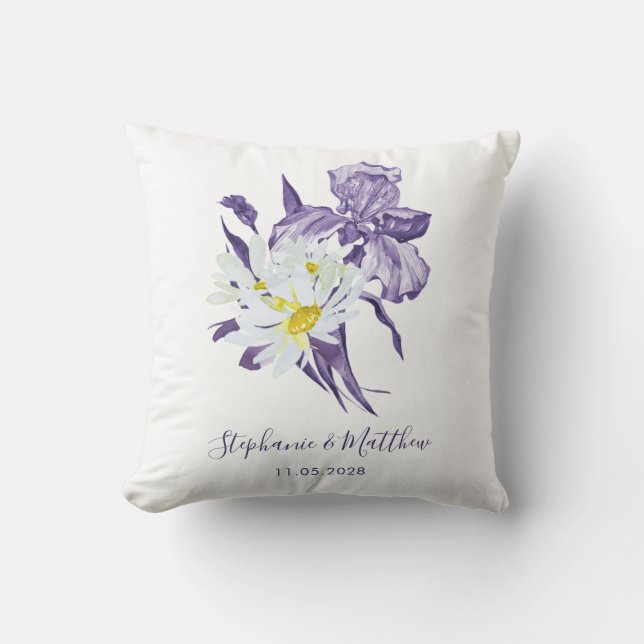 Coussin Dusty Purple Floral Iris White Daisy Mariage (Recto)