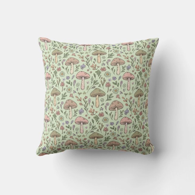 Coussin Earthy Sage Green Fungi Seamless Pattern Boho (Verso)