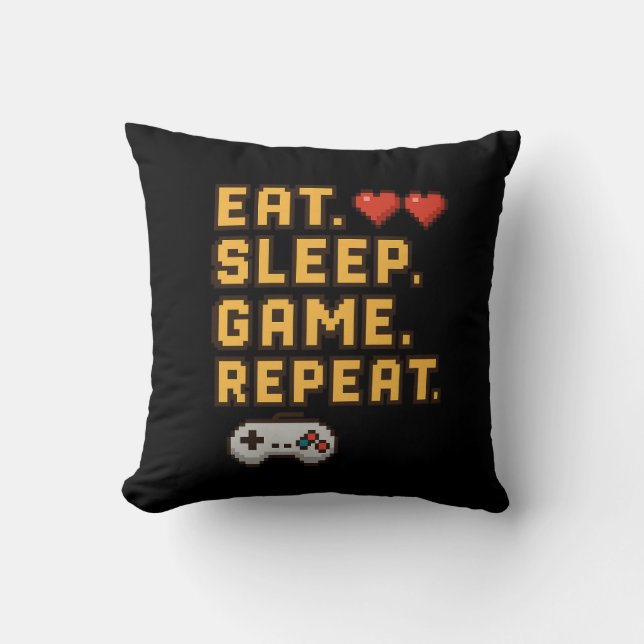 Coussin Eat Sleep Game Repeat - Retro Pixel Gaming T-Shirt (Recto)