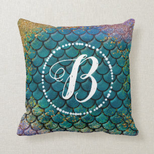 Coussin Écaille de Poisson Sirène Glam Turquoise Violet Or