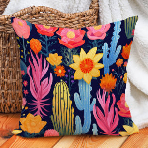 Coussin Éclectique Cactus Floral Jaune Rose Rouge Marine